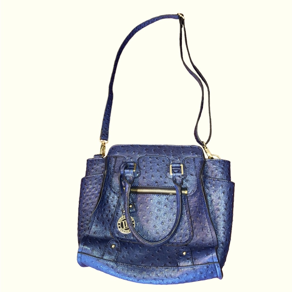 London Fog Navy Blue Imitation Ostrich Leather Purse With Long Shoulder Strap.